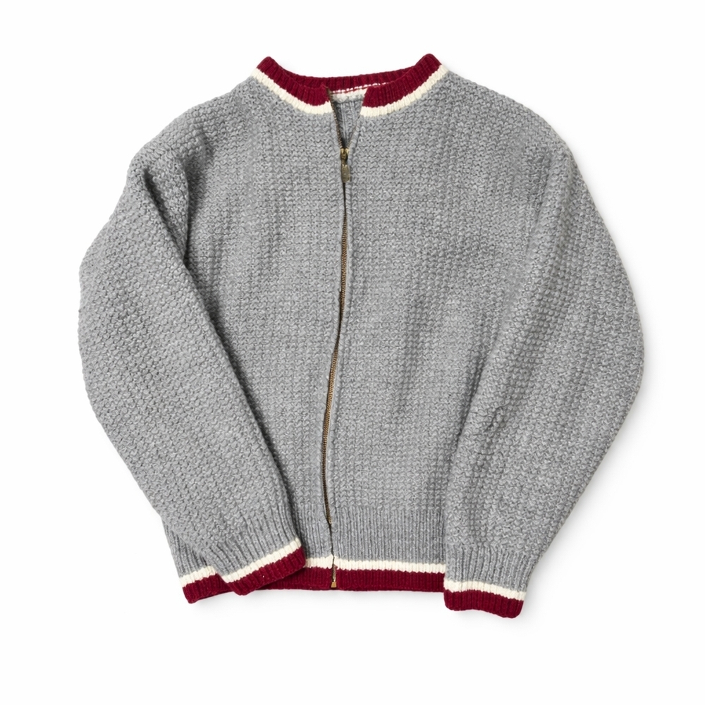 Vintage Gray Knit Zip-Up Sweater with Red Trim